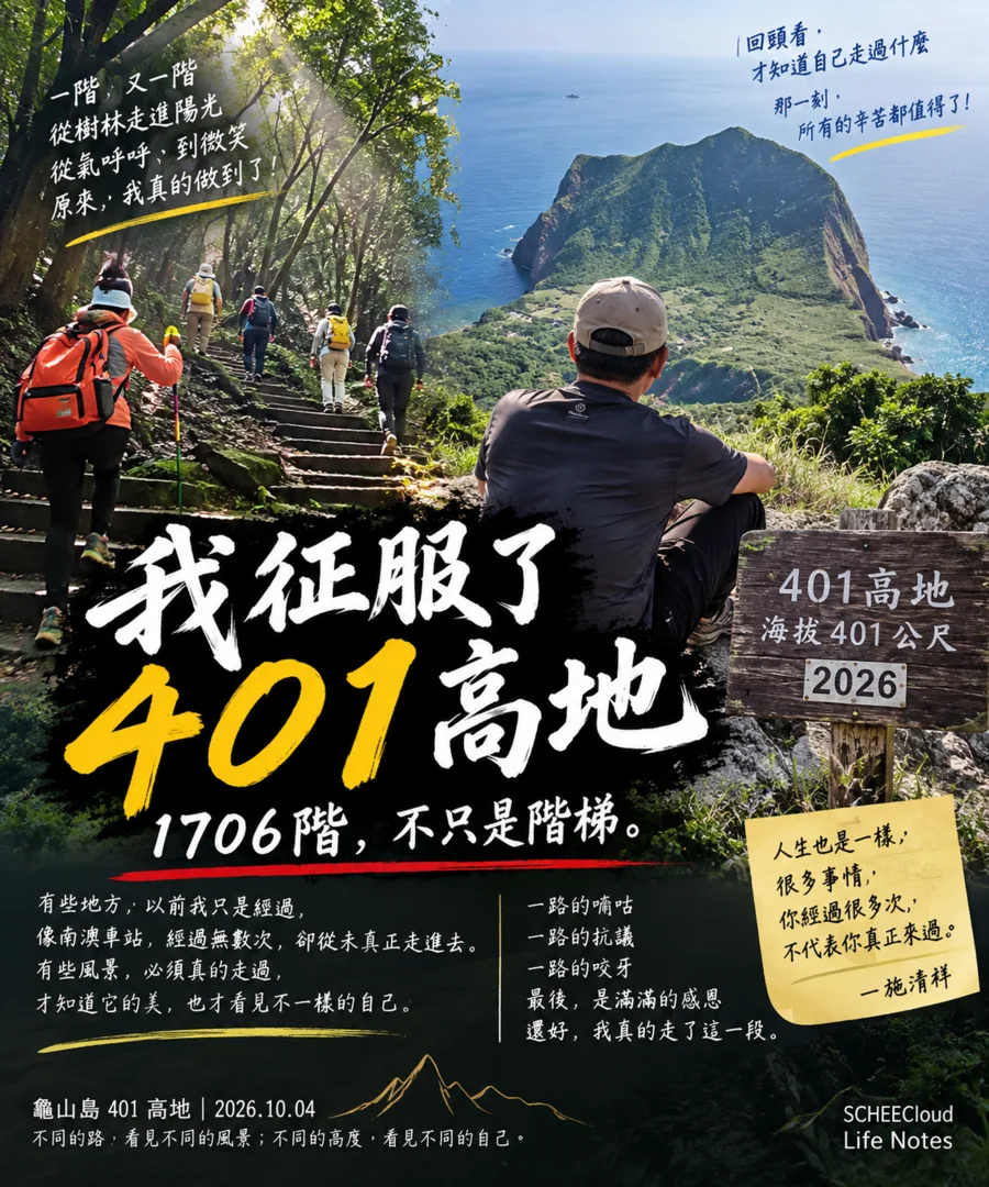 龜山島401高地第一集上梗圖|1706階,不只是階梯。一路的嘀咕、抗議、咬牙與堅持,最後成為感恩與完成。
